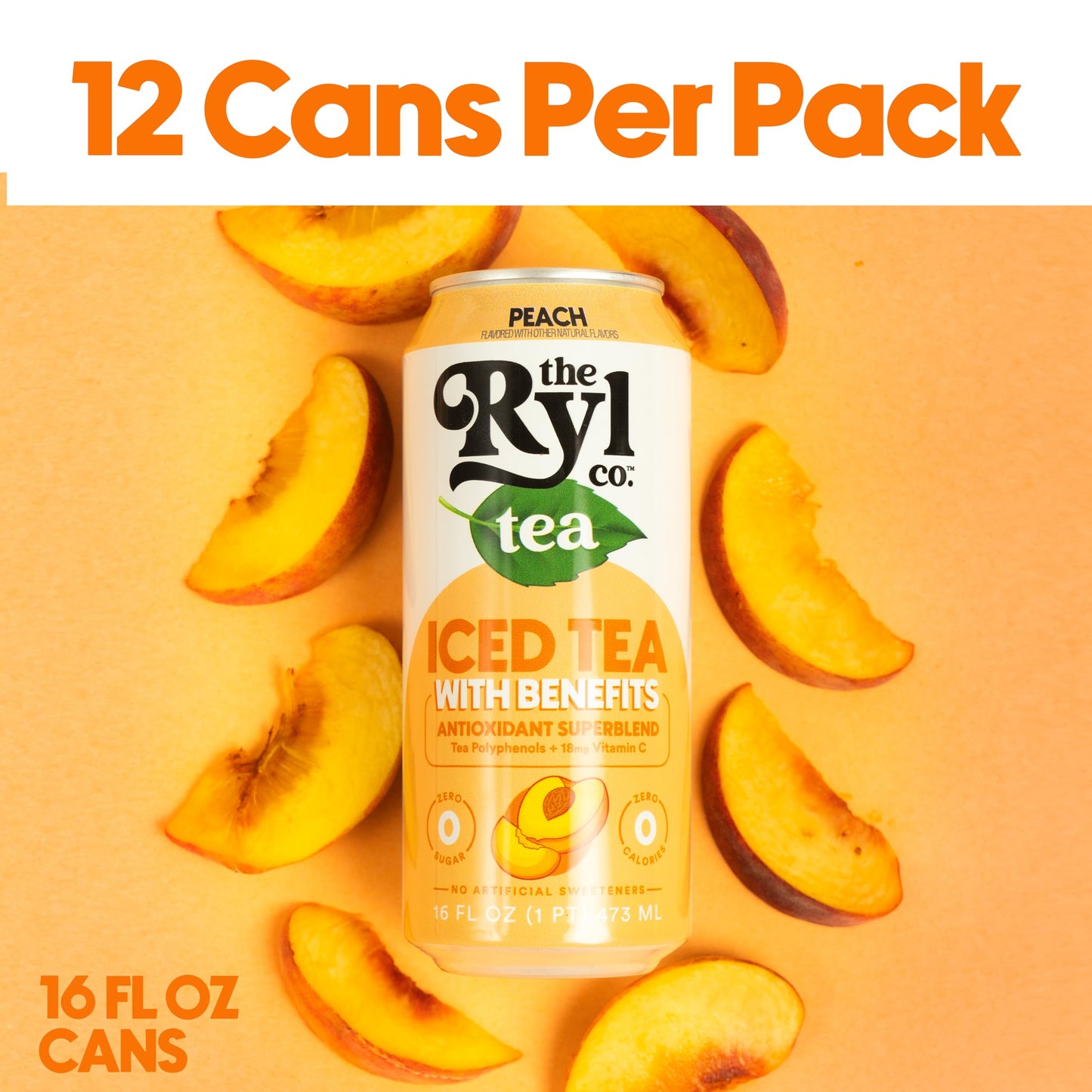 Ryl Iced Tea, Peach, Antioxidant Superblend, Zero Sugar, Low Carb, Zero Calorie Iced Tea, 16.0 Fl Oz (12-Pack)