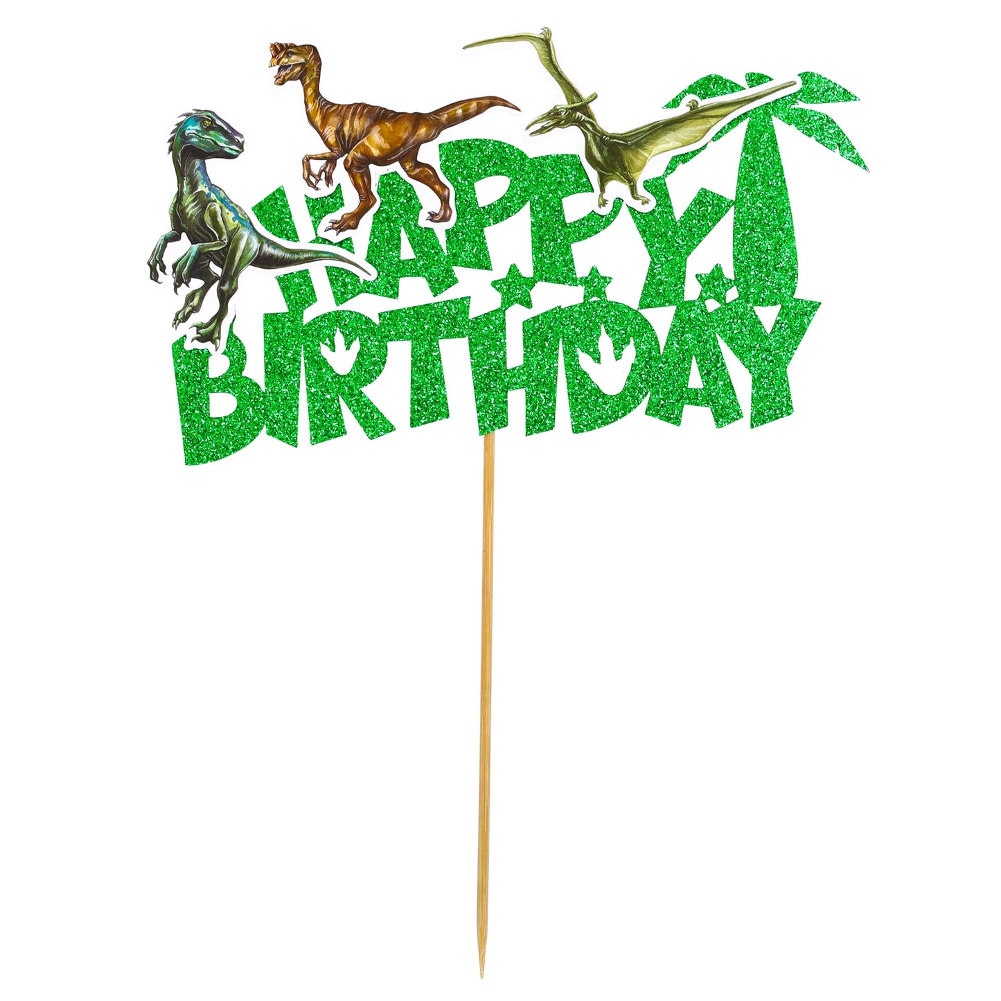 Gyufise 1Pcs Dinosaur Happy Birthday Cake Topper Glitter Dinosaur Cake Pick For Dino Theme Baby Shower Kids Boys Girls Birthday