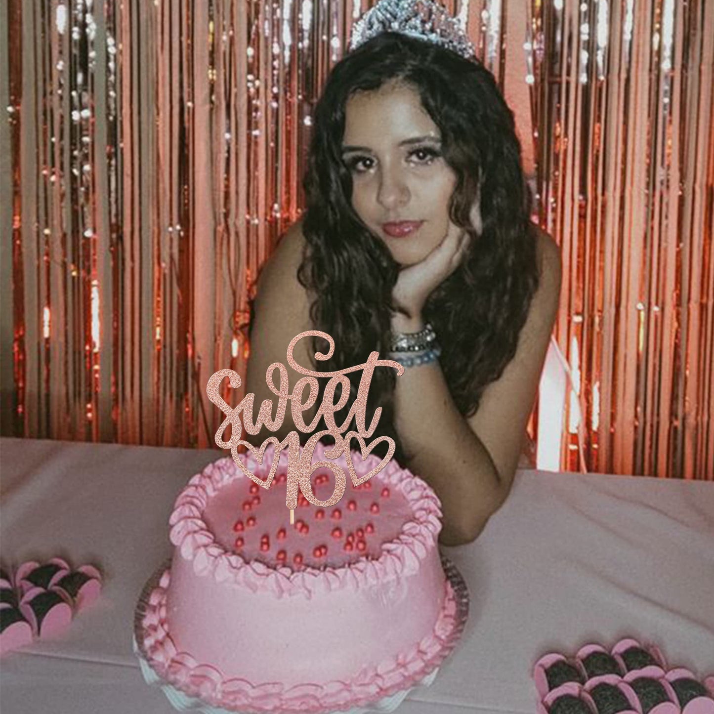 YCTHUNFISH 16th Birthday Cake Topper Rose Gold Bamboo Glitter Decoration
