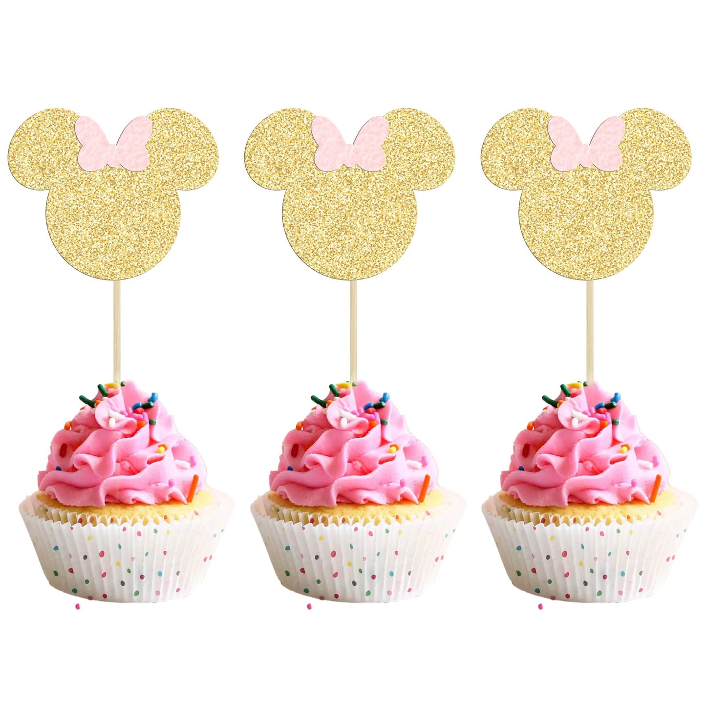 Gyufise 36 Pack Mouse Inspired Cupcake Toppers With Pink Bow Gold Glitter Mouse Cake Decorations For Baby Shower Wedding Kids Bi