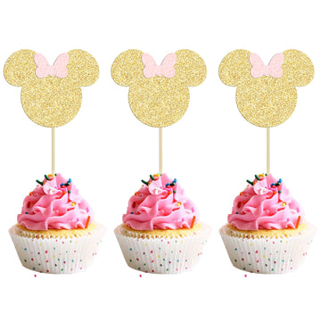 Gyufise 36 Pack Mouse Inspired Cupcake Toppers With Pink Bow Gold Glitter Mouse Cake Decorations For Baby Shower Wedding Kids Bi
