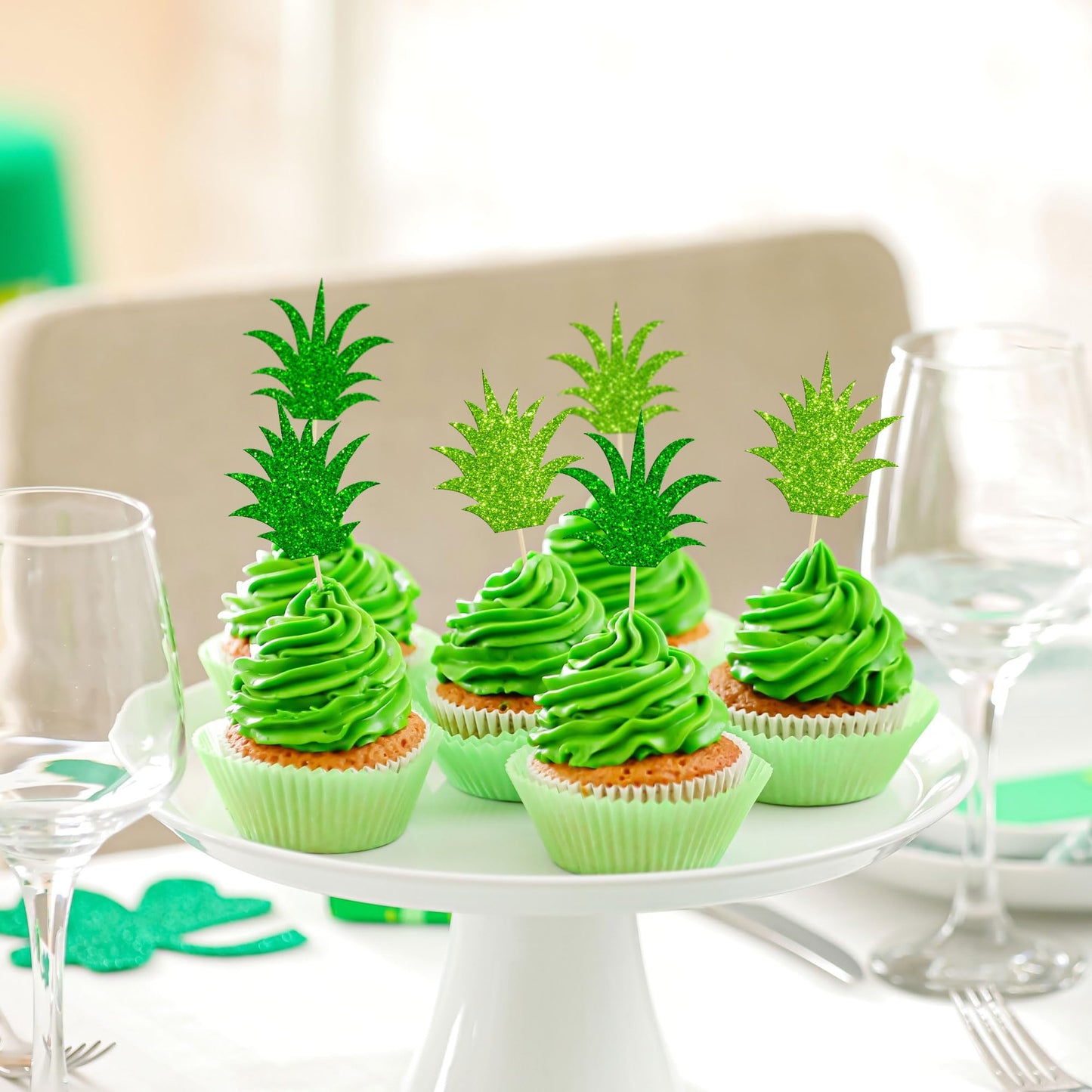 Gyufise 24 Pack Pineapple Cupcake Toppers Glitter Donut Pineapple Leaf Cupcake Picks Tropical Hawaiian Luau Pineapple Theme Baby