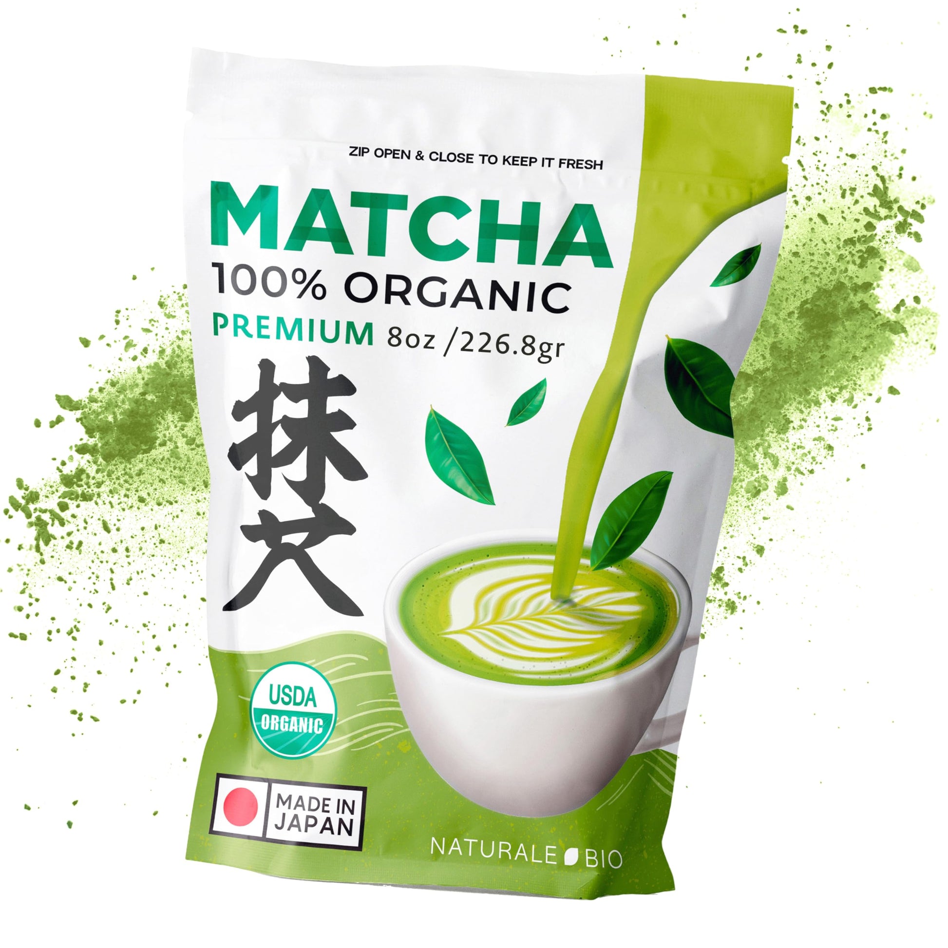 NaturaleBio enhanced Matcha Powder, 8oz - Harvested in Japan - USDA Organic Matcha Green Tea Powder - Vegan & Vegetarian Friendly