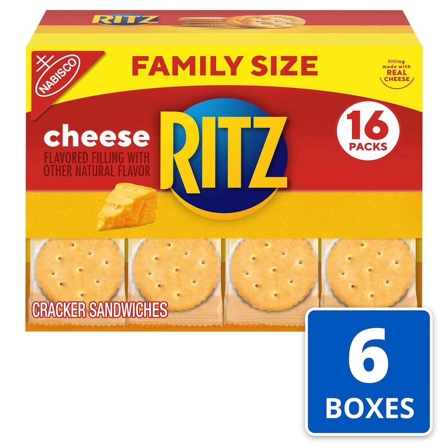 RITZ Cheese Sandwich Crackers, Family Size, 96 Snack Packs (6 Boxes, 6 Crackers Per Pack)