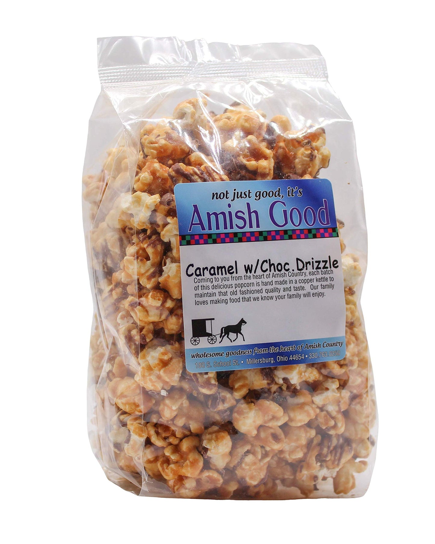 Amish Good Enhanced Caramel Popcorn With Chocolate Drizzle Real Butter And Coconut Oil In 12 Ounce Bag