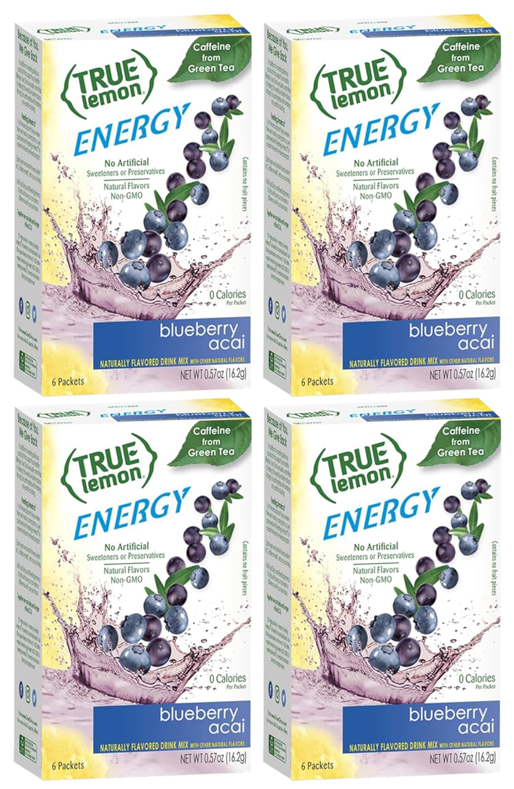 TrueLemon Energy Drink Blueberry Acai, 13.68 oz, Pack of 24 (4 boxes of 6)