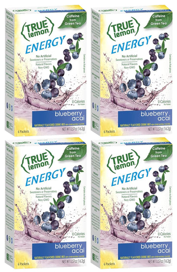 TrueLemon Energy Drink Blueberry Acai, 13.68 oz, Pack of 24 (4 boxes of 6)