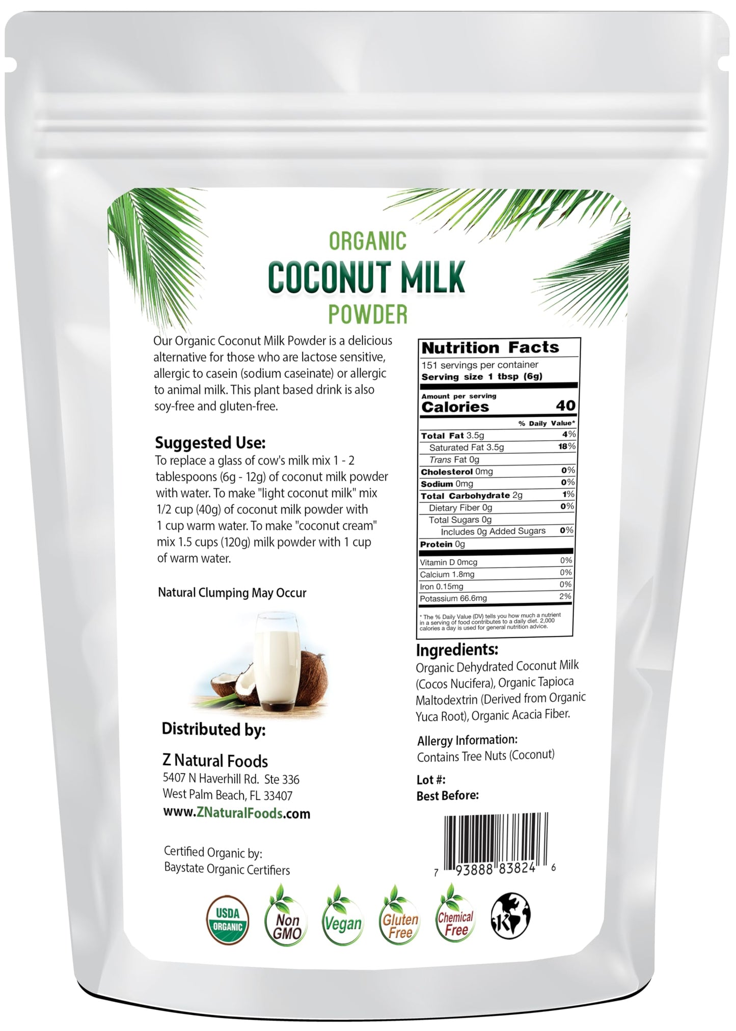 Z Natural Foods Coconut Milk Powder, 100% Powdered Milk, Non-GMO, Gluten-Free, Kosher-Certified, Organic Coconut Milk Powder, 2
