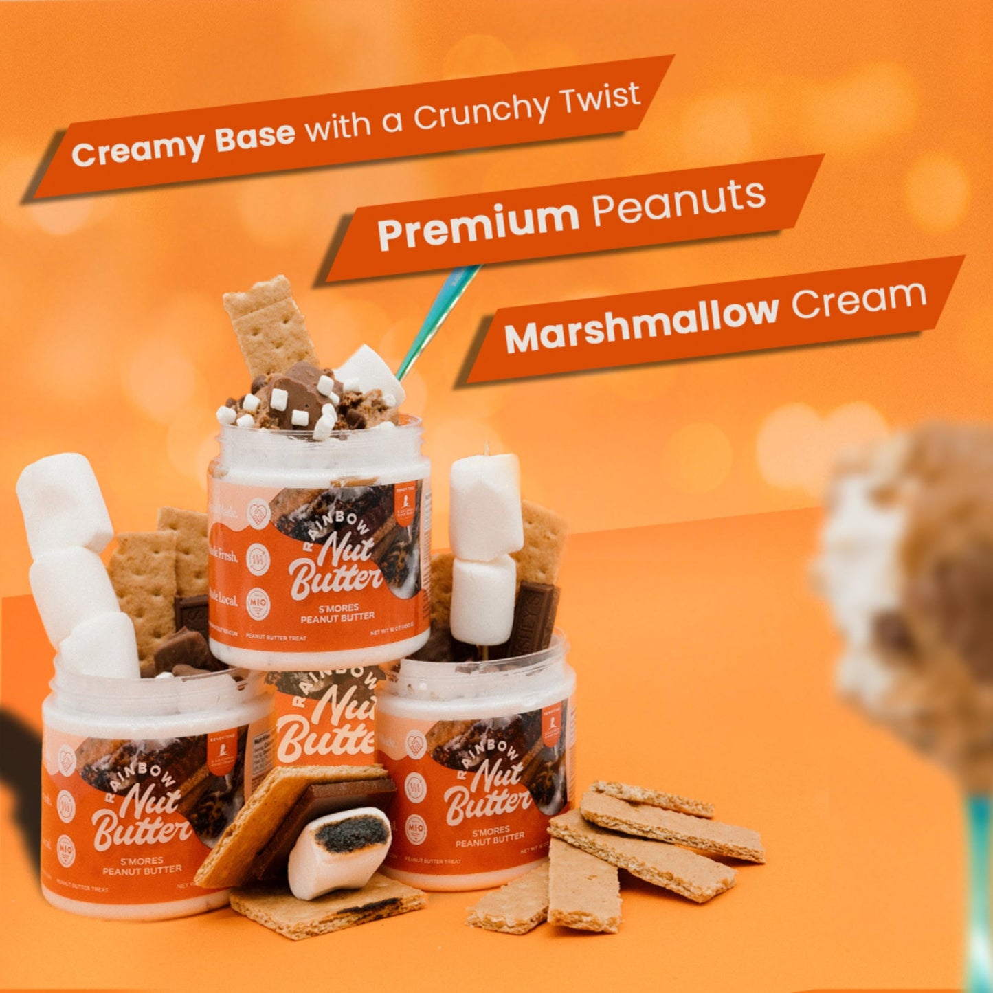 Rainbow Nut Butter, Smores Peanut Butter, Spread, Treat, Snack, Dessert, Chocolate Covered Graham Crackers, Marshmallow Creme, M
