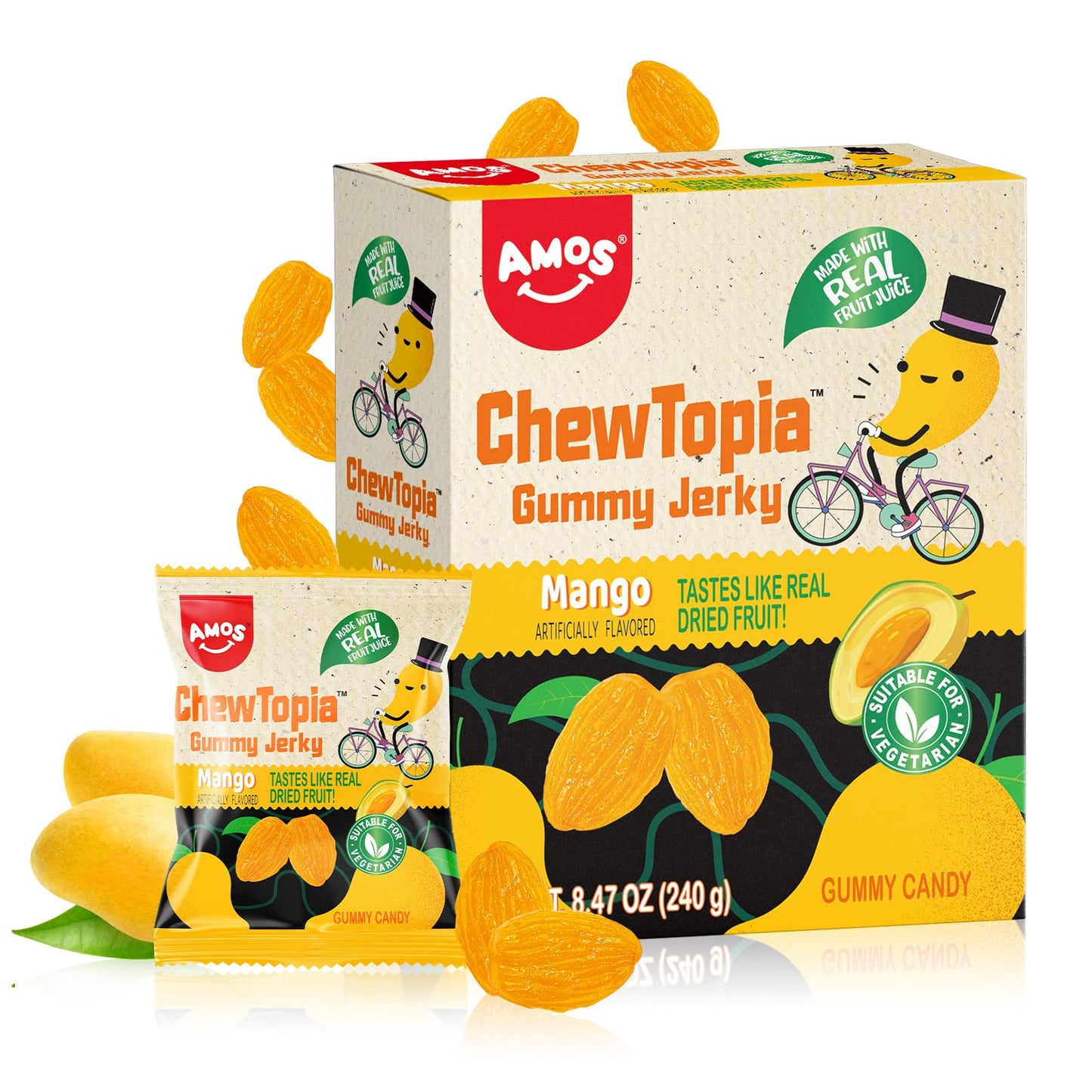Amos ChewTopia Mango Gummy Jerky - Vegan Chewy Fruit Snack, Tastes Like Real Dried Mango, Soft & Chewy Gummy Candy, 8.47oz Box (