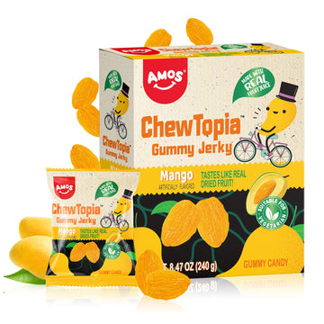 Amos ChewTopia Mango Gummy Jerky - Vegan Chewy Fruit Snack, Tastes Like Real Dried Mango, Soft & Chewy Gummy Candy, 8.47oz Box (