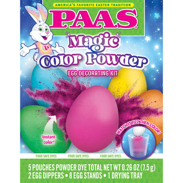Paas Magic Color Powder Egg Decorating Kit - Create Instant Color With 5 Pouches Of Powder Dye And 2 Egg Dippers