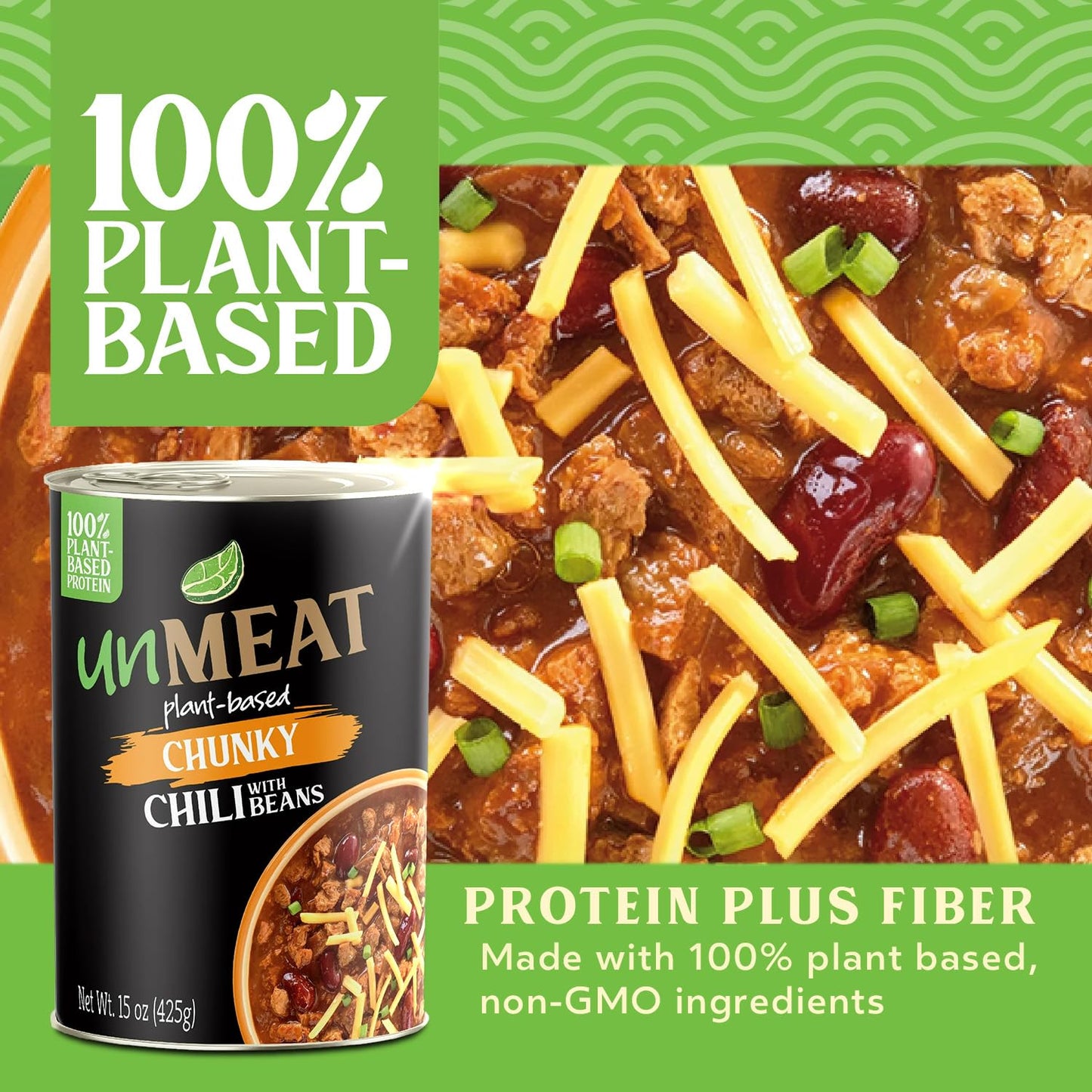 unMEAT Chunky Chili With Beans Extra Protein, Plant-Based Vegan Chili, Easy Open Can, 15  oz, (Pack of 12)