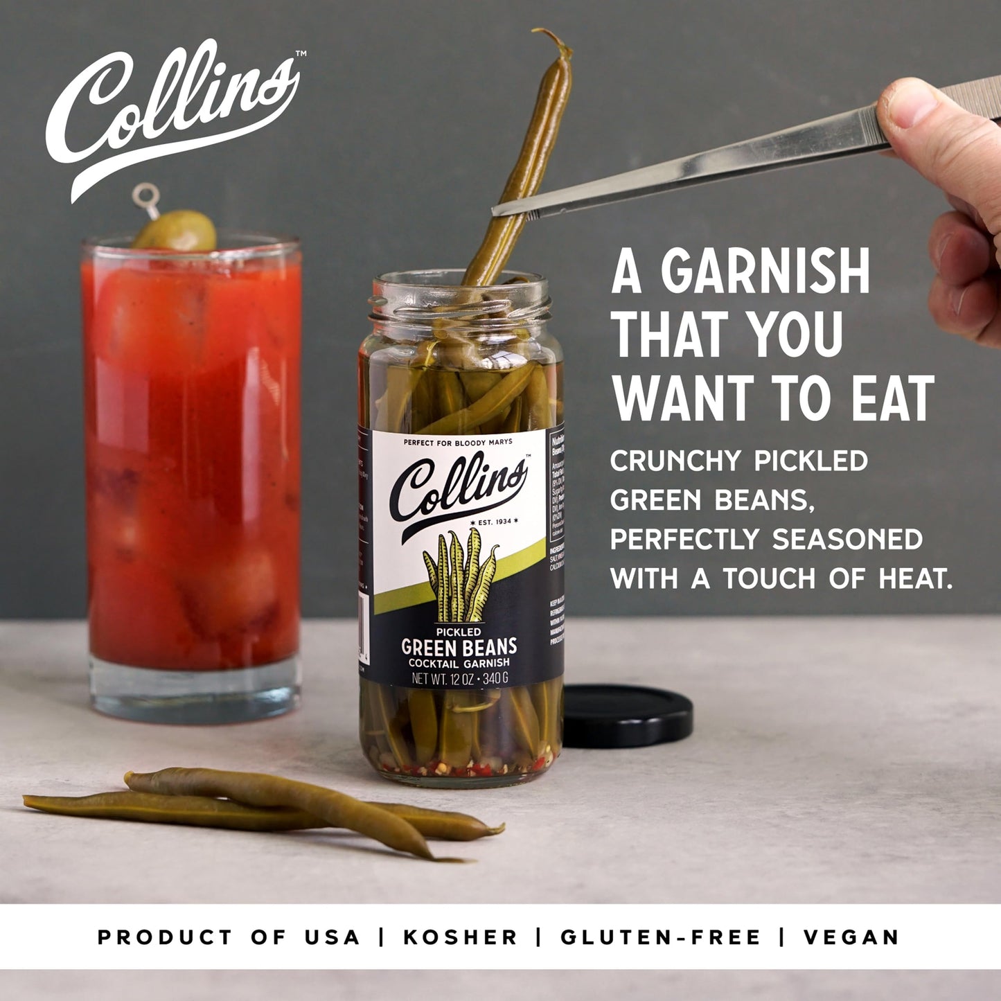 Collins Gourmet Pickled Green Beans For Cocktails - Spicy Crunchy Green Beans - Enhanced Condiment Garnish For Cocktails, Bloody Mary, Antipasto, Condiments, Or Salads - 12Oz