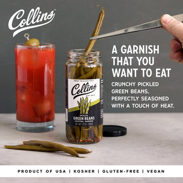 Collins Gourmet Pickled Green Beans For Cocktails - Spicy Crunchy Green Beans - Enhanced Condiment Garnish For Cocktails, Bloody Mary, Antipasto, Condiments, Or Salads - 12Oz