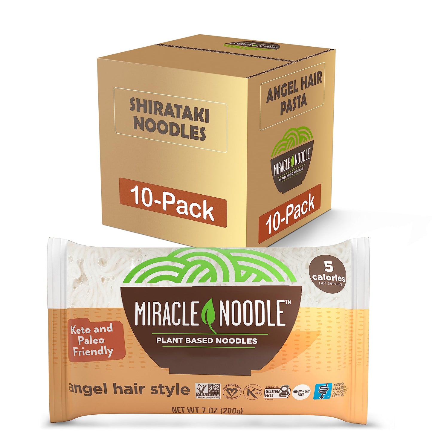 Miracle Noodle Angel Hair Pasta - Plant Based Shirataki Noodles, Vegan, Gluten-Free, Low Carb - 7 Oz, 10-Pack