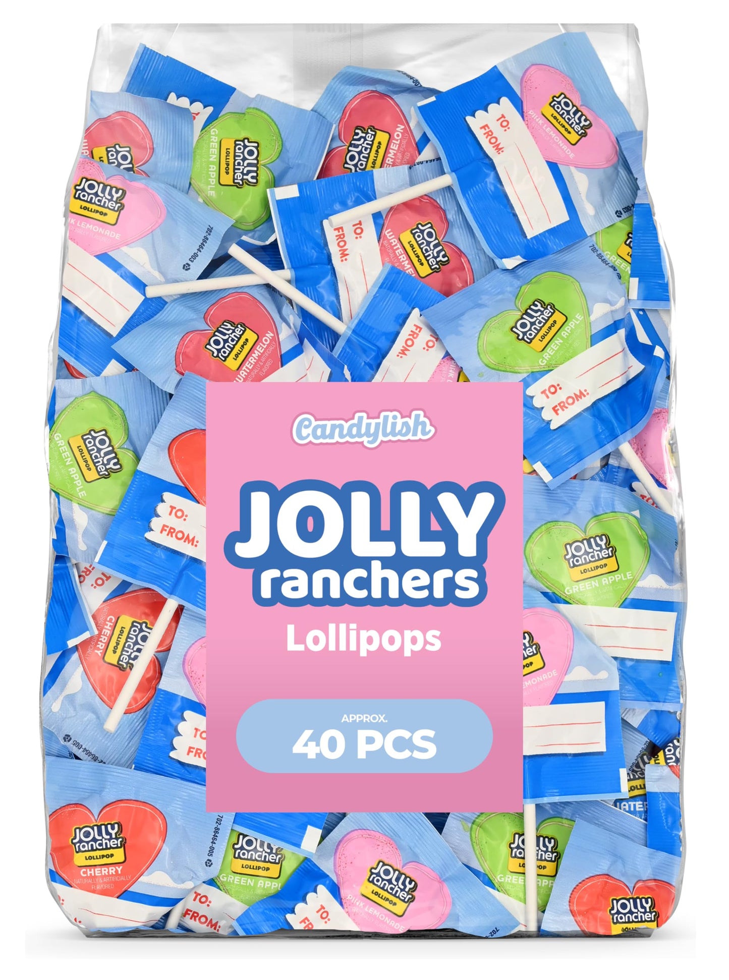Jolly Ranchers Heart Lollipops - 40 Count Bag - Bulk Valentine Candy, Assorted Fruit Flavors - Heart-Shaped Lollipops for Partie
