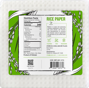 Soeos Rice Paper, White Rice Paper Wrappers, 1 Pack, 34 Sheets-Fresh Spring Roll Wrappers & Dumplings, Non-Gmo, Gluten-Free, Low
