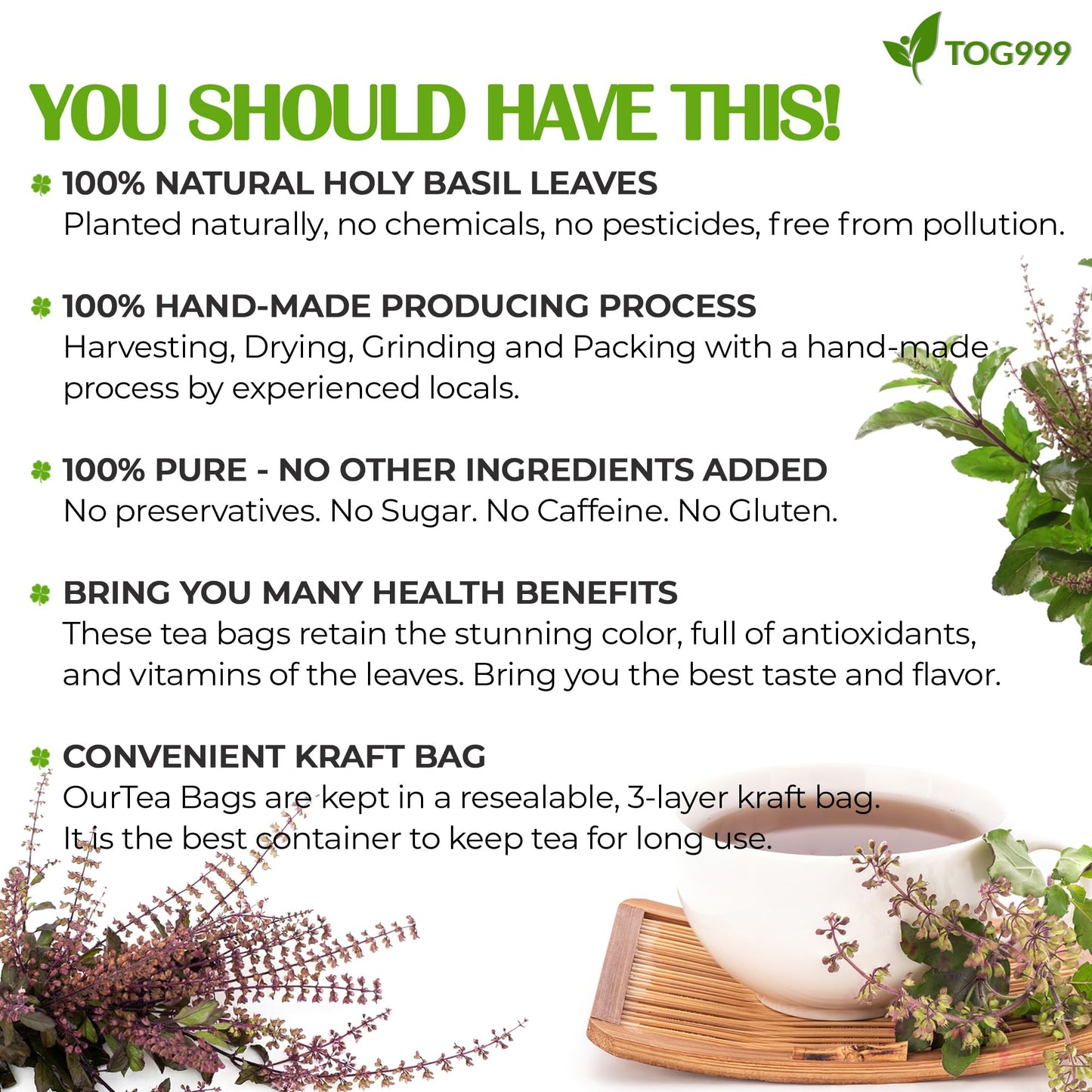 TOG999 Holy Basil Leaf Tea Bags, 100% Natural Herbal Tea, Vegan, 120 Bags