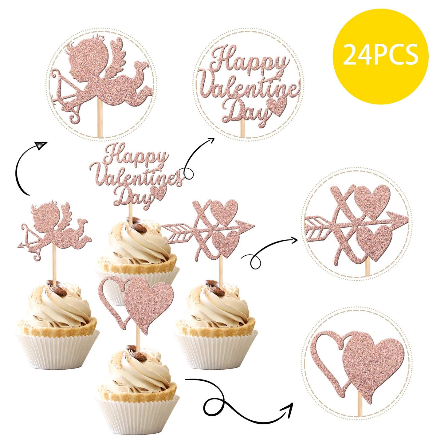 ZHUOWEISM 24 PCS Cupcake Toppers - Rose Gold Glitter Heart Picks for Valentines Day, Weddings, and Showers