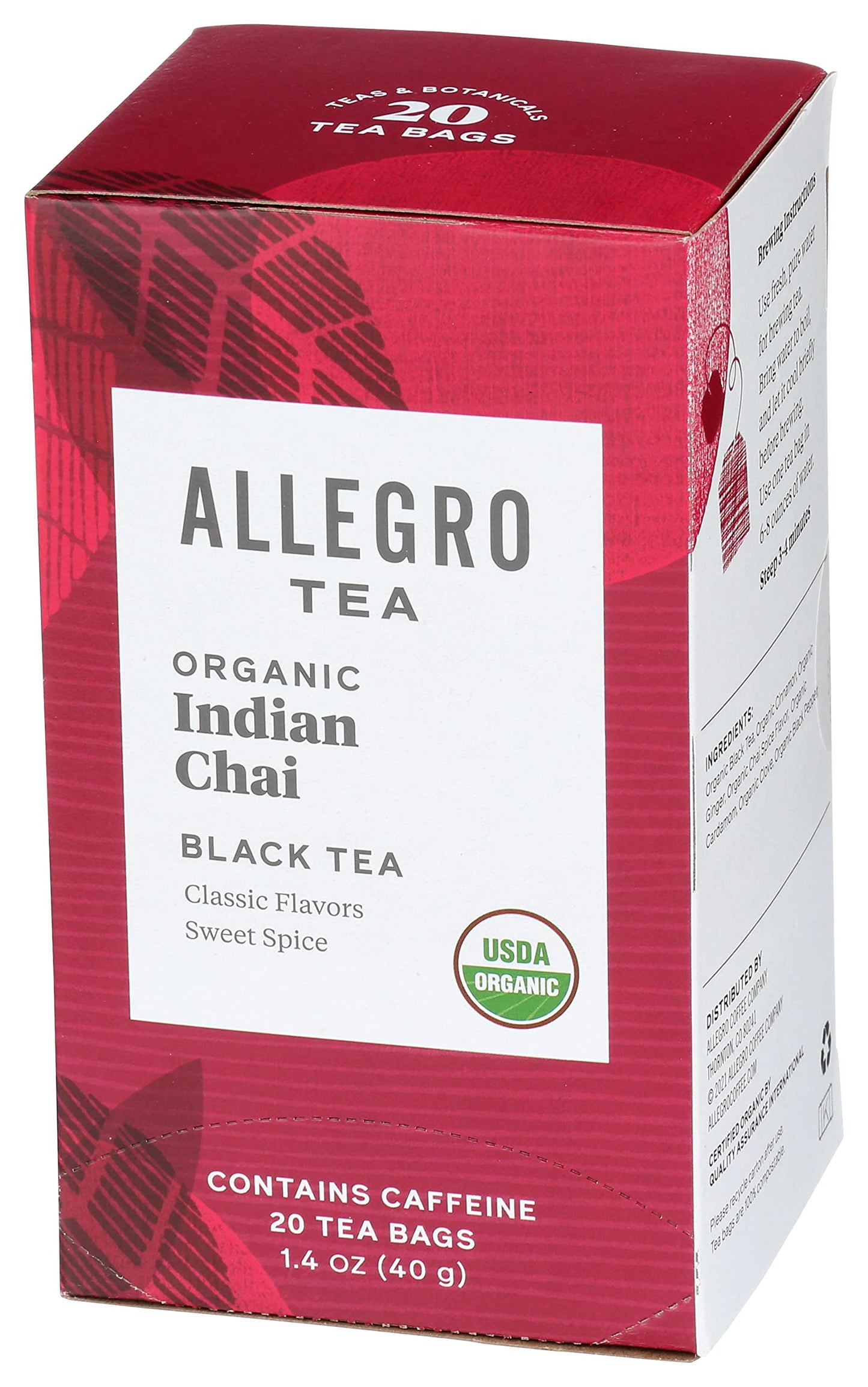 Allegro Organic Indian Chai Tea Bags, 20 Count - Premium Quality Herbal Infusion for a Soothing Experience