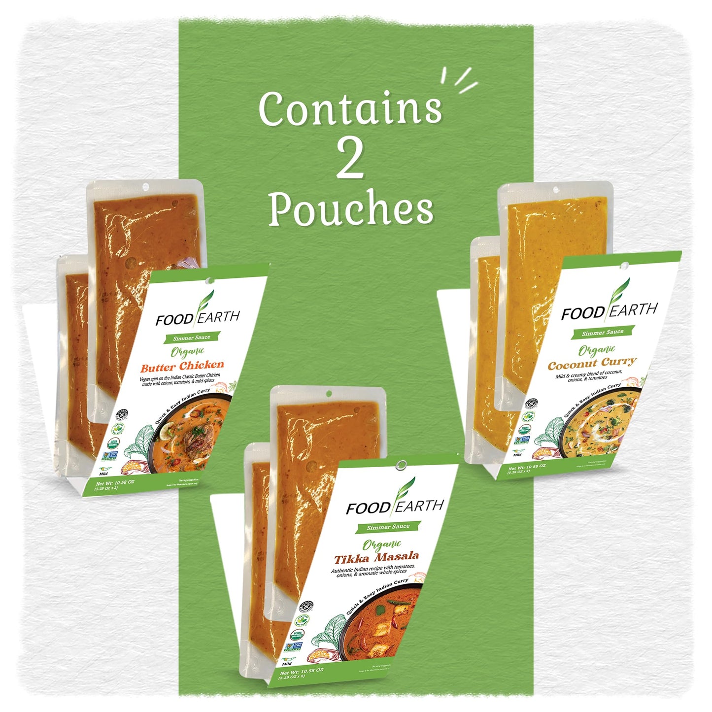 Food Earth Indian Simmer Sauces - Butter Chicken, Coconut Curry & Tikka Masala - Organic, Vegan, Gluten-Free Cooking Sauces (6 P