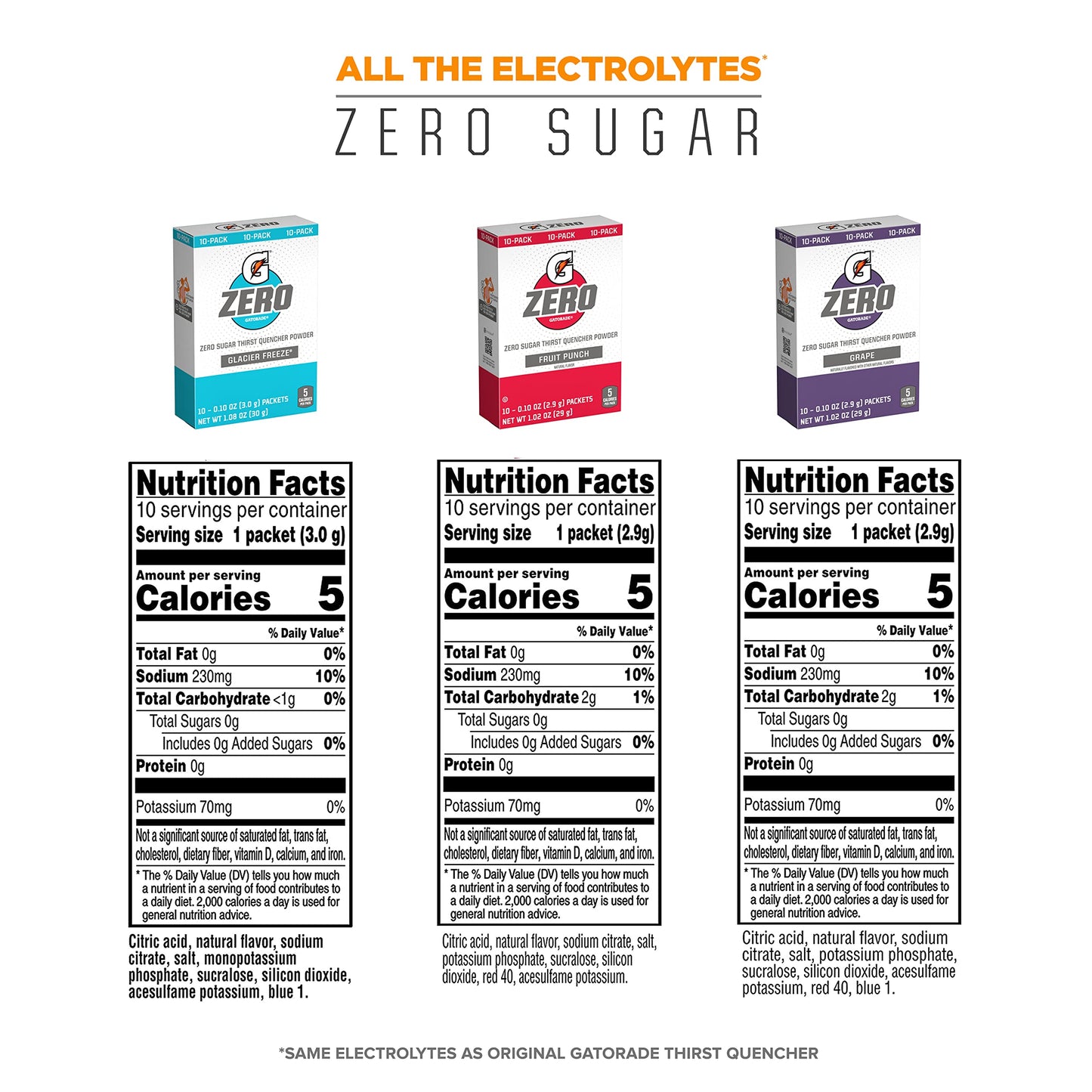 Gatorade G Zero Powder, Fruit Punch Variety Pack, 0.10Oz Individual Packets - 10 Count (Pack Of 5)