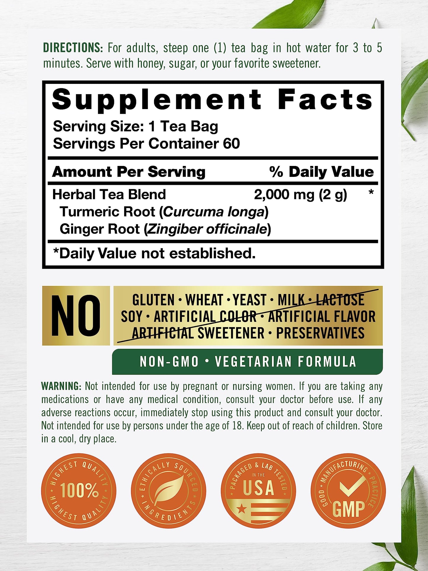 Carlyle Turmeric Tea Bags with Ginger, Caffeine Free, Non-GMO, Gluten Free, 60 Count