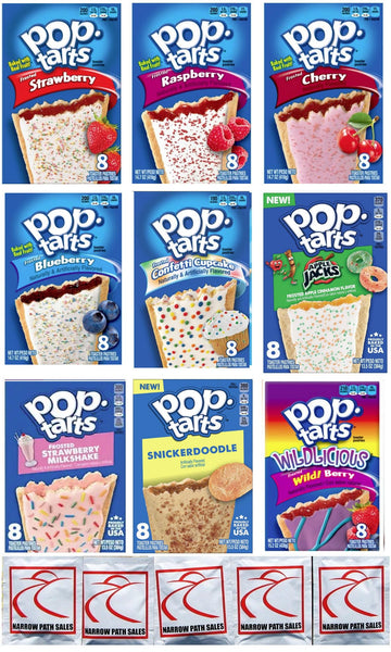 Pop Tarts Variety Pack FRUIT FLAVORED Sampler, Bundle of 9 Different Flavors. Flavors Include: Strawberry, Blueberry, Raspberry, Cherry, Wildberry; Apple; Confetti; Snickerdoodle, Strawberry Milkshake.1 Box of Each Flavor