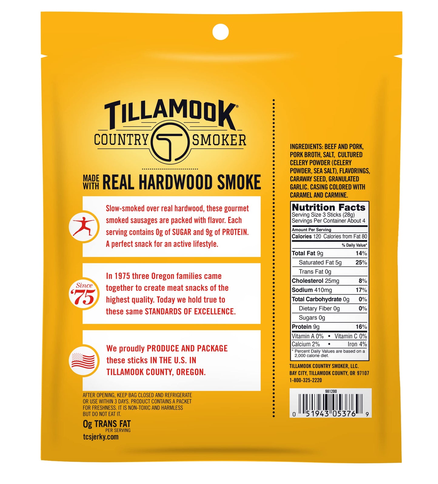 Tillamook Country Smoker Smoked Sausages  Original  Zero Sugar  Gluten Free  4 Ounce (Pack of 12)