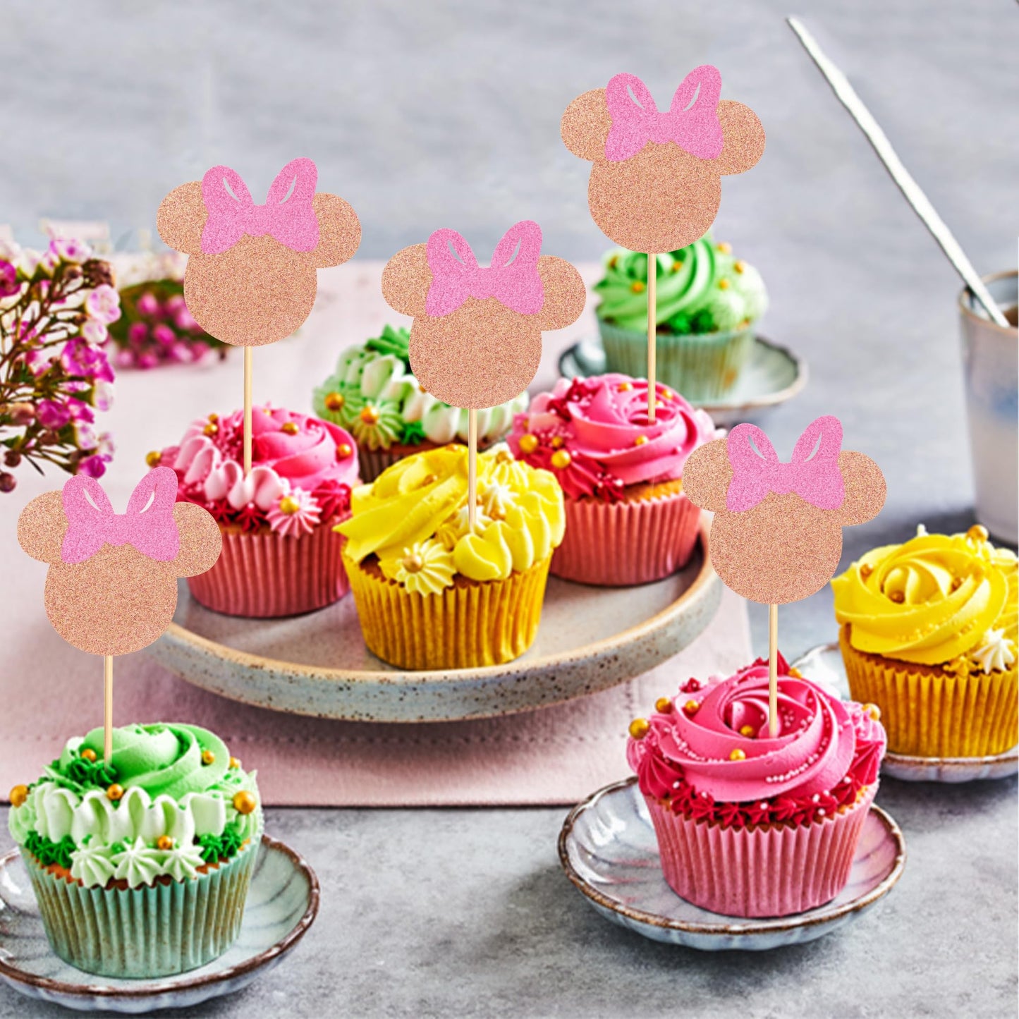 Arthsdite 24Pcs Mouse Inspired Cupcake Toppers With Pink Bow Rose Gold Glitter Mouse Cake Decorations For Baby Shower Wedding Ki