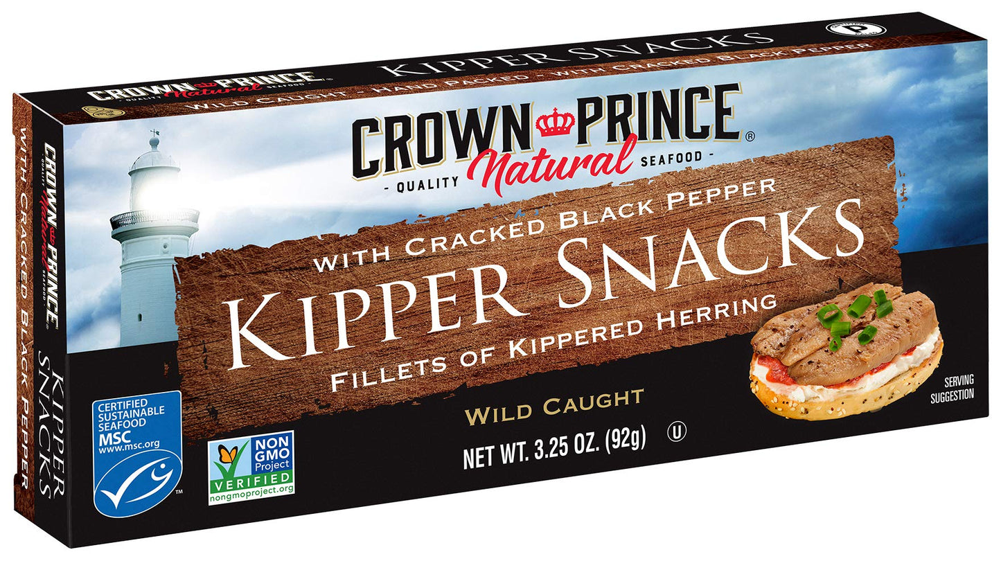 Crown Prince Kipper Snacks with Cracked Black Pepper, 3.25 oz Cans, Pack of 18