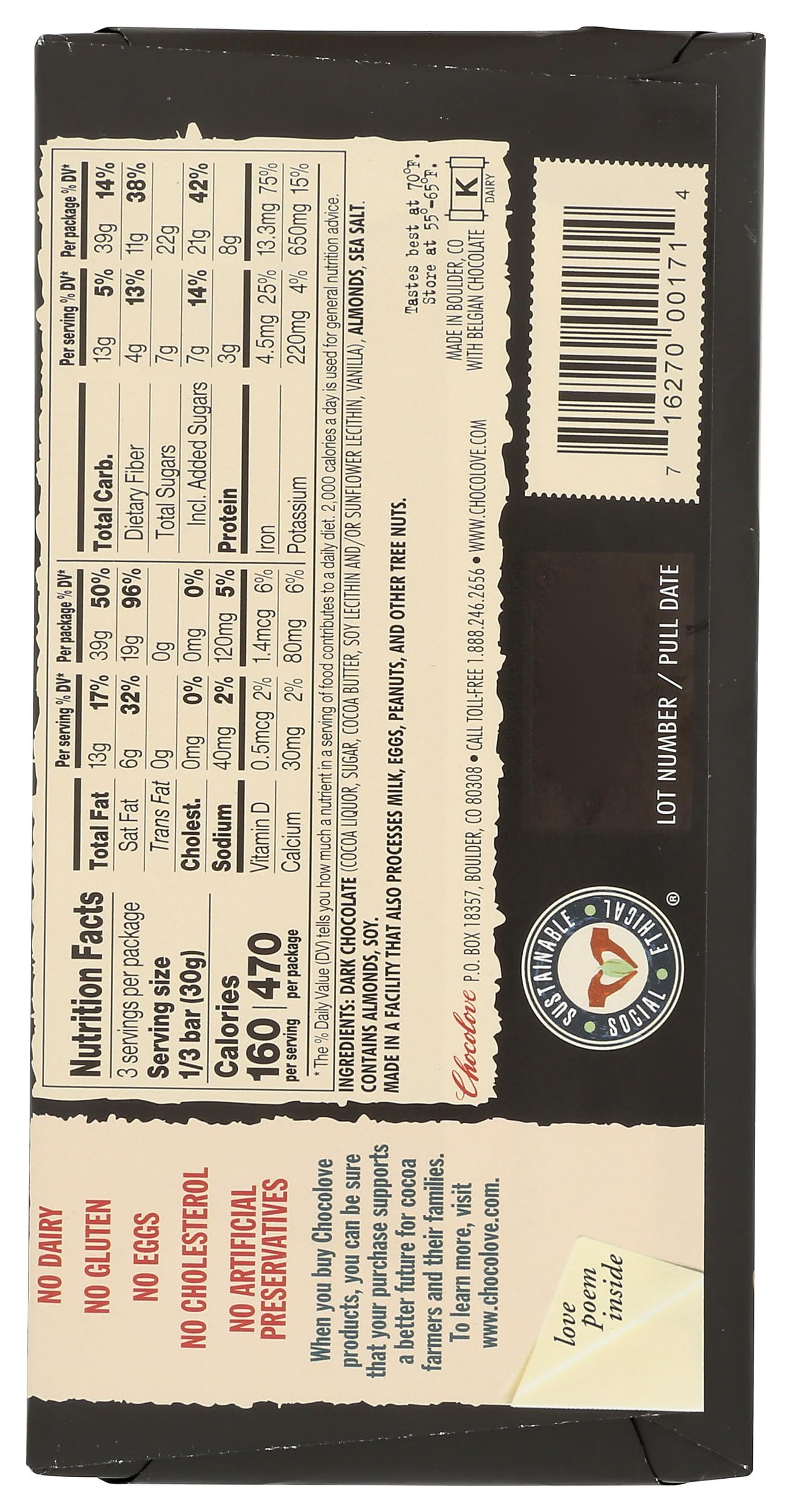 Chocolove Xoxox Bar Almond Salted, 3.2 Ounce