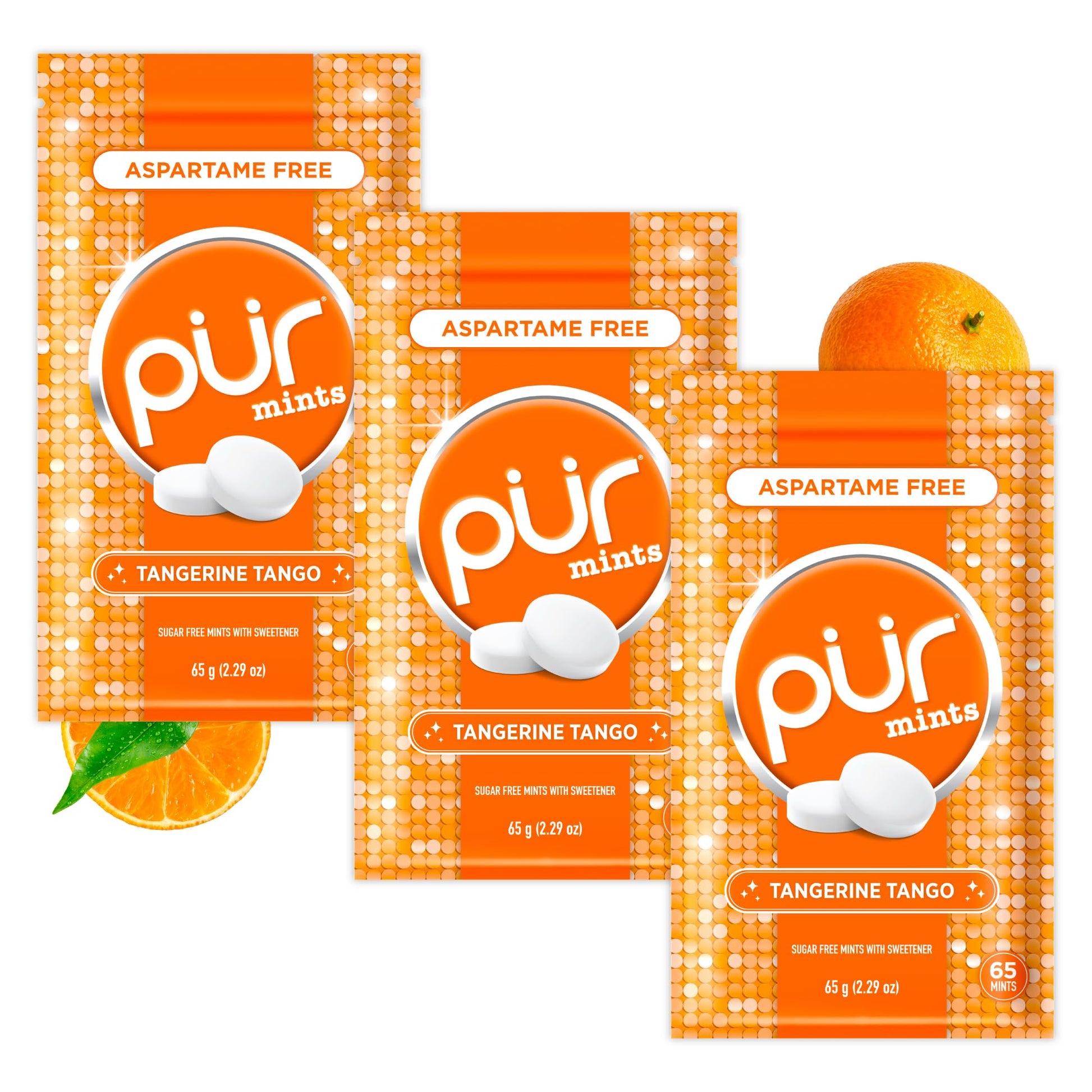 PUR Mints | Aspartame Free Breath Mints | Made with Xylitol | Sugar Free  Vegan  Gluten Free | Natural Tangerine Tango Flavor | 65 Pieces in Re-Sealable pouch (Pack of 3)