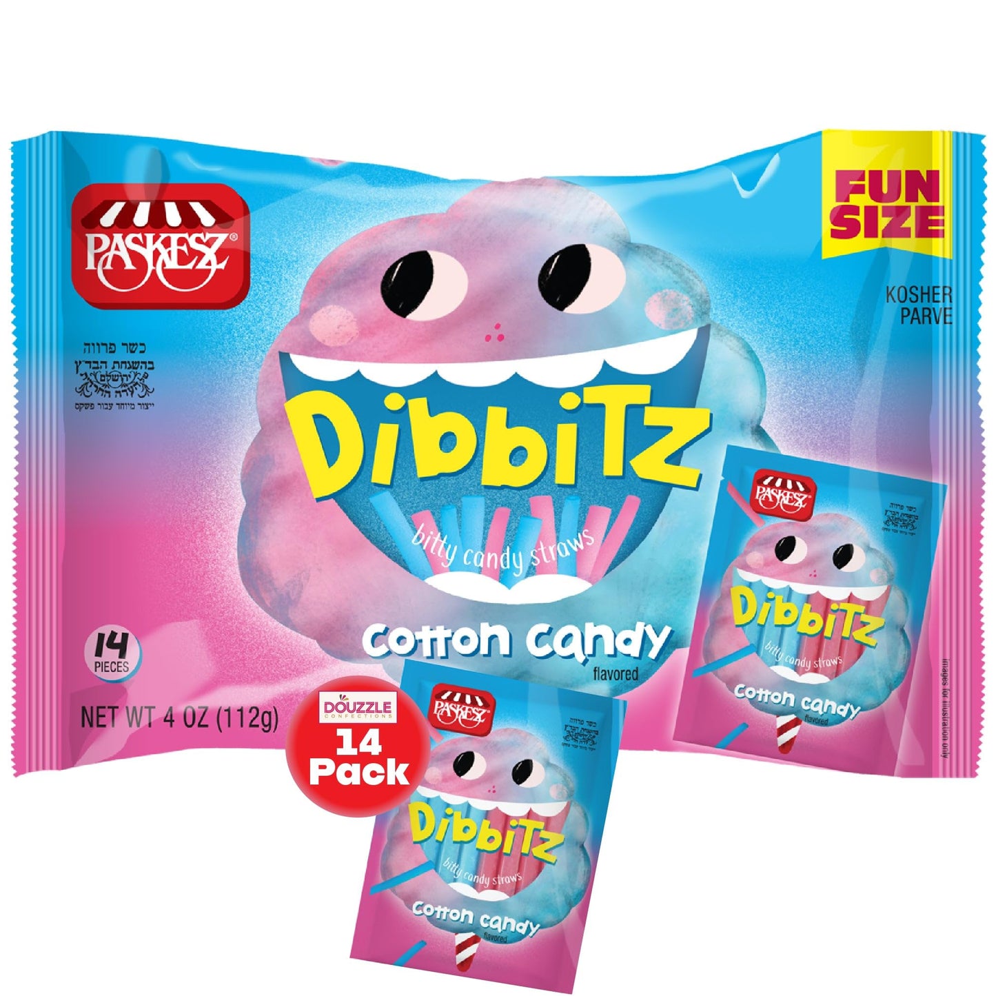 DOUzzle Dibbitz Cotton Candy, Candy Filled Straw Sticks (14 Count, Pack of 1) Individually Wrapped Candies, Birthday Party Favor