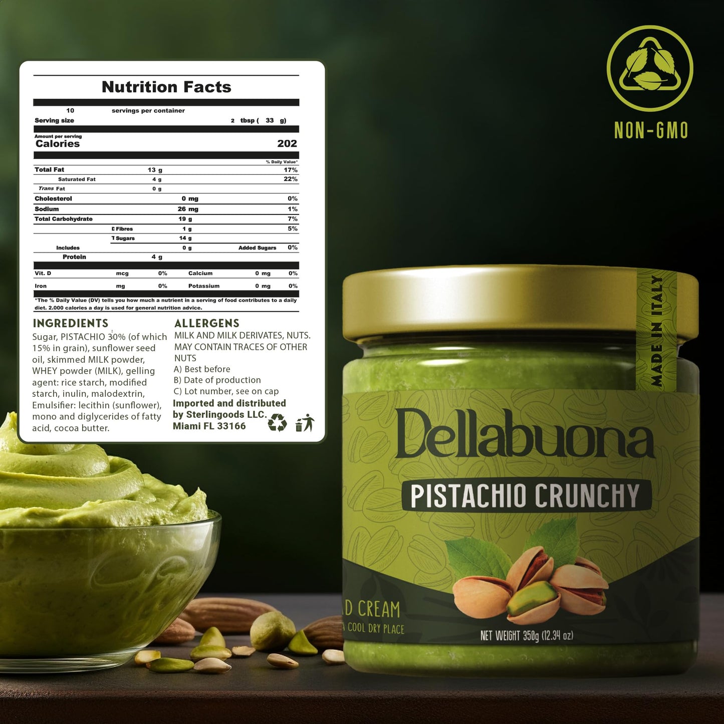 Dellabuona Crunchy Pistachio Cream - Premium Italian Pistachio Butter 12.34 Oz Glass Jar - Pistachio Cream For Dubai Chocolate,