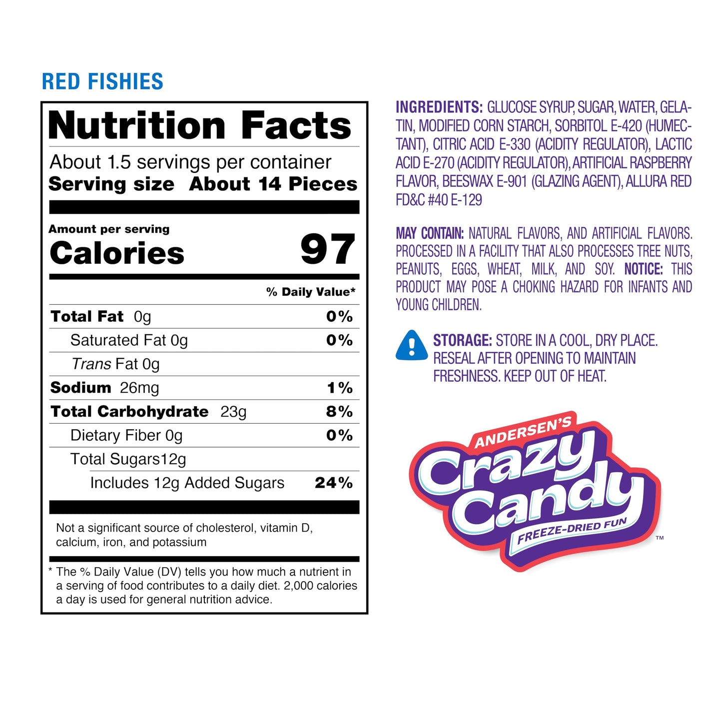 ANDERSENS Crazy Candy Freeze Dried Swedish Fish-Style Candy - Cherry Flavor, Crunchy Texture, Resealable Bag