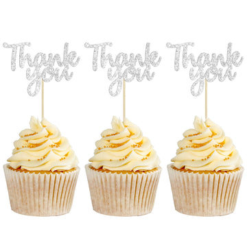 Gyufise 36 Pack Thank You Cupcake Toppers Silver Glitter Thanksgiving Cupcake Picks Decorations For Baby Shower Boys Girls Birth