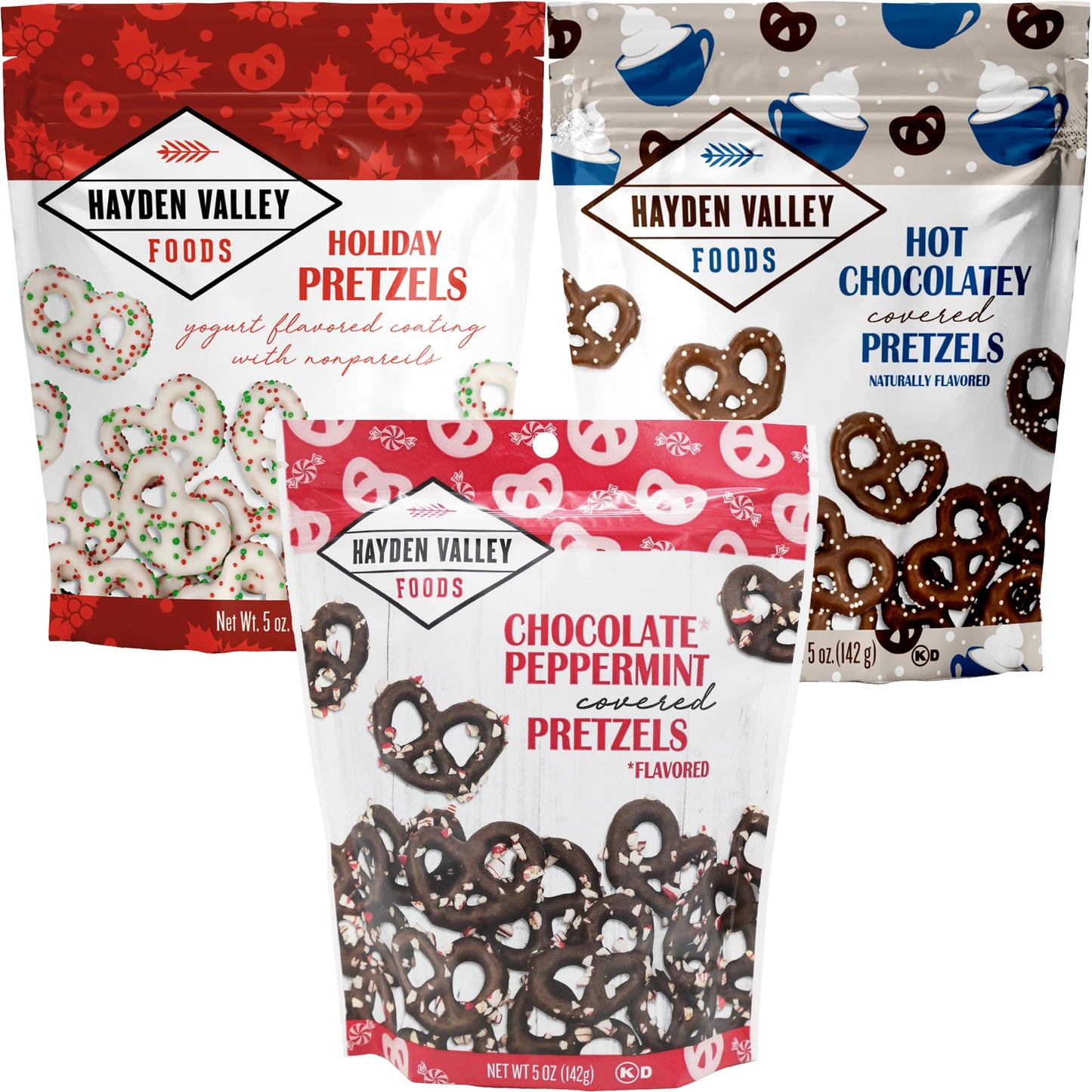 Hayden Valley Foods Flavored Covered Pretzel Variety Pack | 5 oz Bags (Pack of 3) | Chocolate Peppermint, Holiday Yogurt and Hot