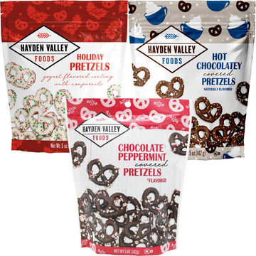 Hayden Valley Foods Flavored Covered Pretzel Variety Pack | 5 oz Bags (Pack of 3) | Chocolate Peppermint, Holiday Yogurt and Hot