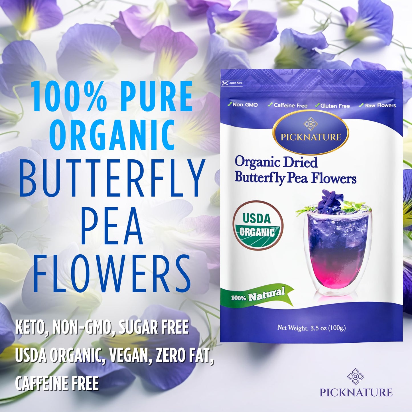 Picknature Butterfly Pea Flower Tea Loose Leaf Freshly Picked From Thailand | 3.5 Oz (300+ Cups) | Herbal Blue Tea Gifts | Usda Organic
