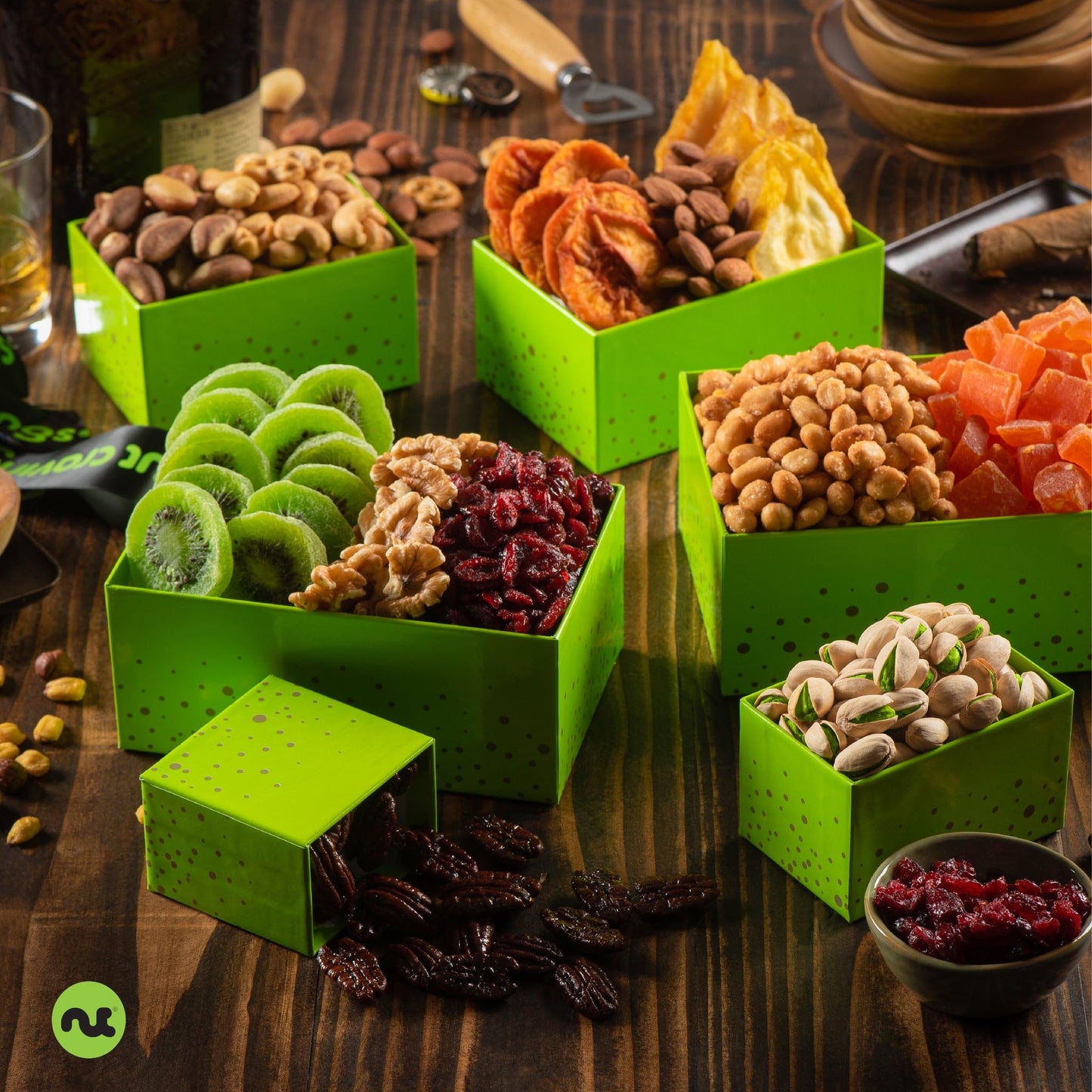 Nut Cravings Gourmet Collection - Rosh Hashana & Shana Tova Dried Fruit & Mixed Nuts Gift Basket Green Tower + Ribbon (12 Assort