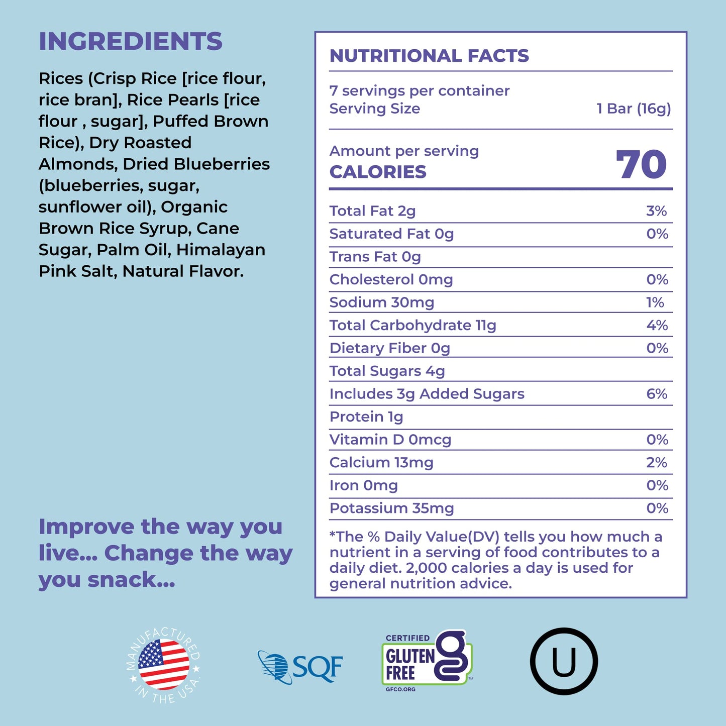 180 Snacks Pre-Meal Snack Skinny Rice Bar with Himalayan Salt 1 Pack, 3.22oz (Blueberry & Almond)