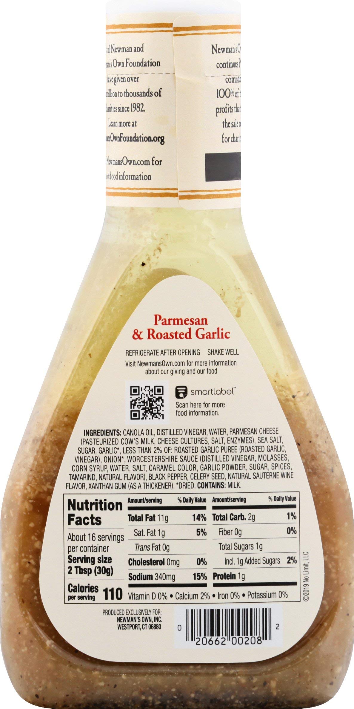 Newmans Own Parmesan & Roasted Garlic Salad Dressing, 16 Fl Oz, Model 020662002082