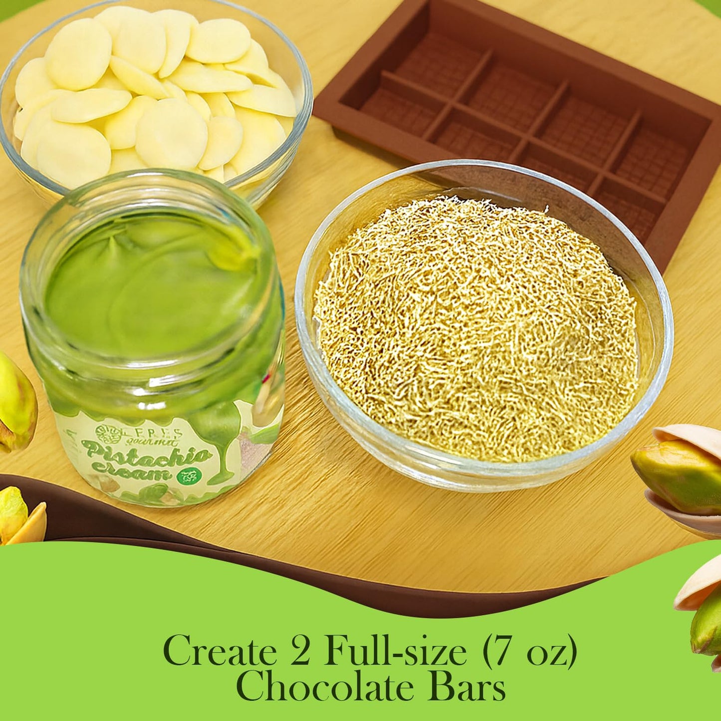 Dubai White Chocolate Bar Diy Kit – Includes Reusable Mold, 12.3 Oz White Melting Wafers, 3.5 Oz Crunchy Kataifi, 7 Oz Pistachio Spread – Gourmet Gift Kit For Chocolate Lovers