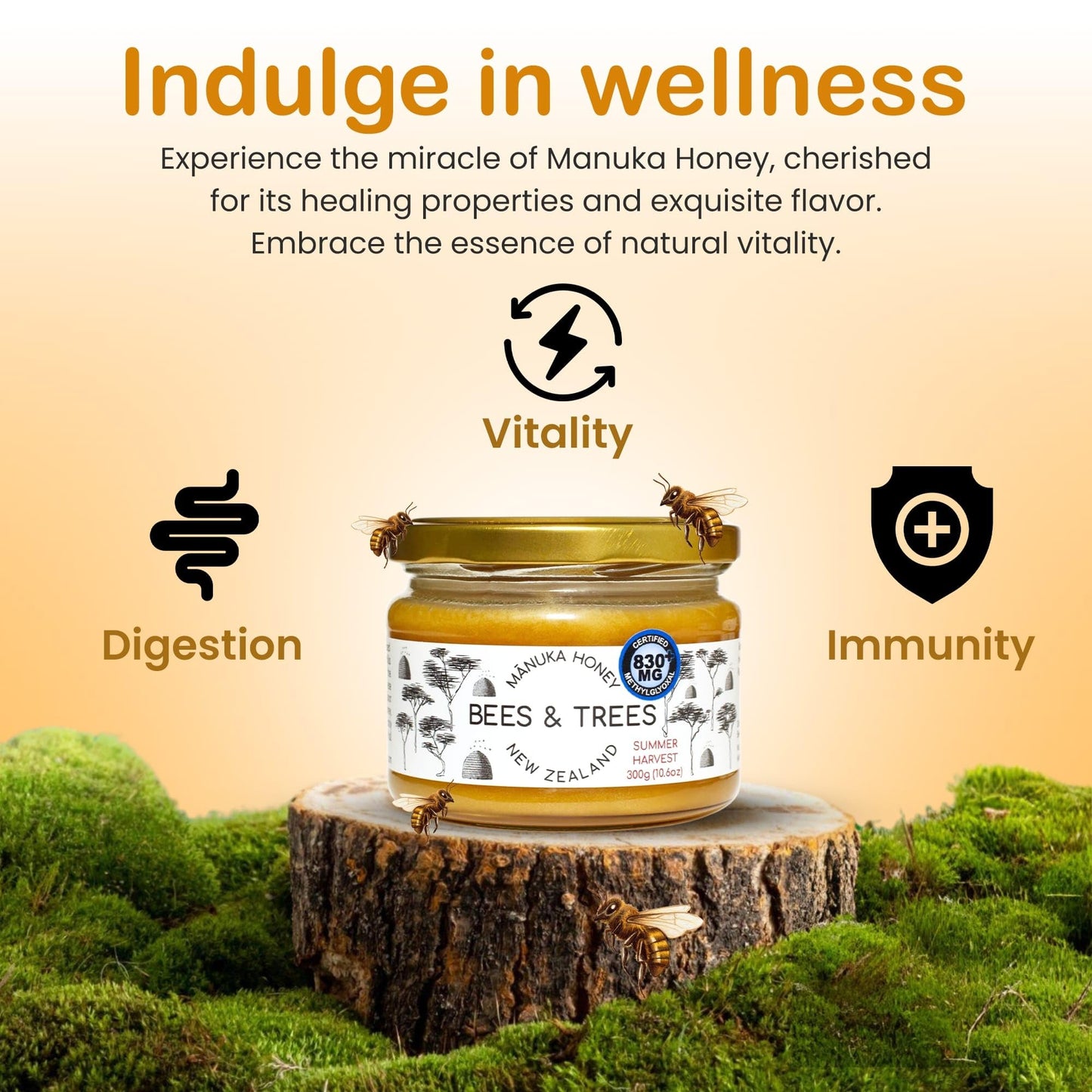 Bees & Trees Manuka Honey Founder'S Reserve Certified 830+ Methylglyoxal - 100% Pure New Zealand Monofloral, Raw & Unpasteurized