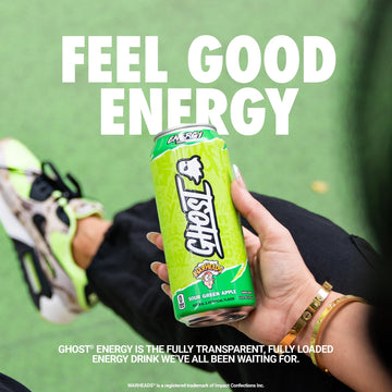 GHOST Energy Drink - 12-Pack, Warheads Sour Green Apple, 16oz, 200mg Natural Caffeine, Gluten-Free, Vegan, Model CM05171-24