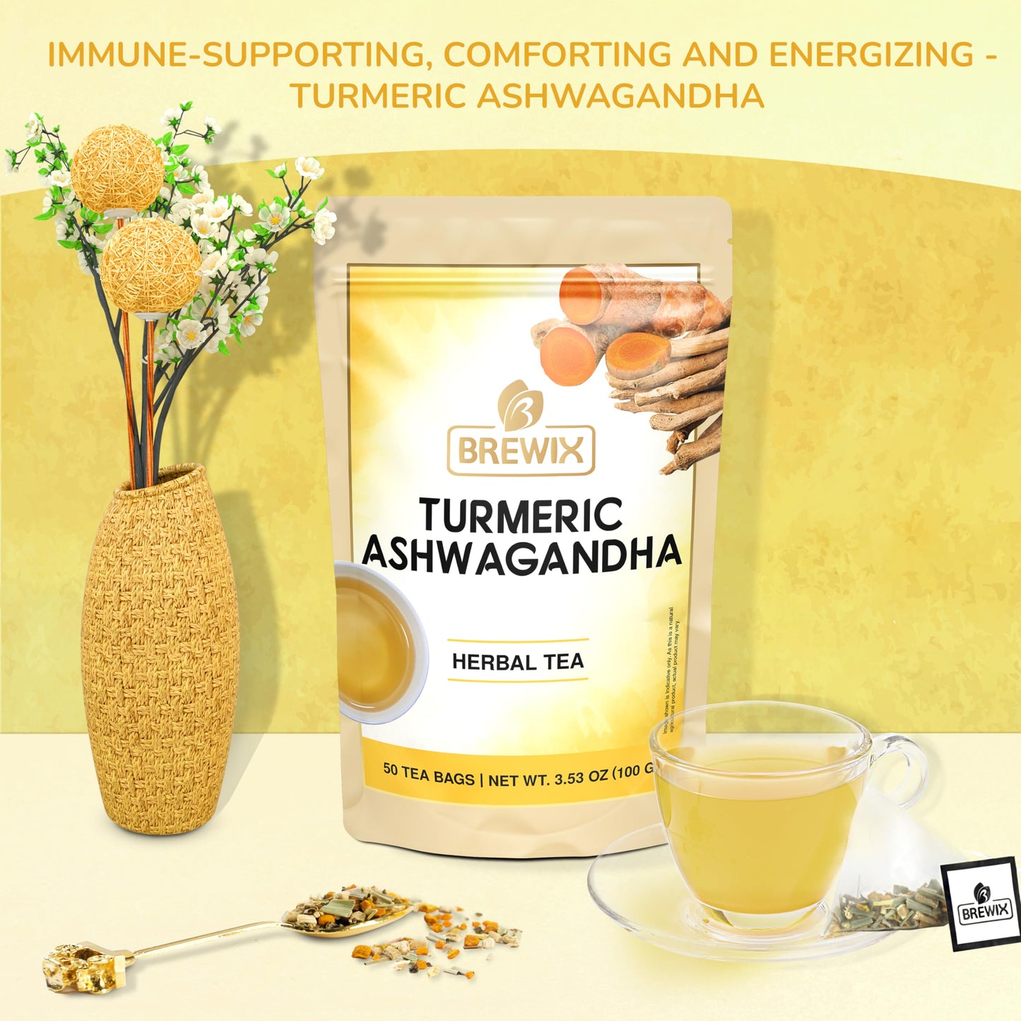 BREWIX Turmeric Ashwagandha Herbal Tea, 50 Pyramid Tea Bags, Caffeine Free, Gluten Free, Stress & Mood Support