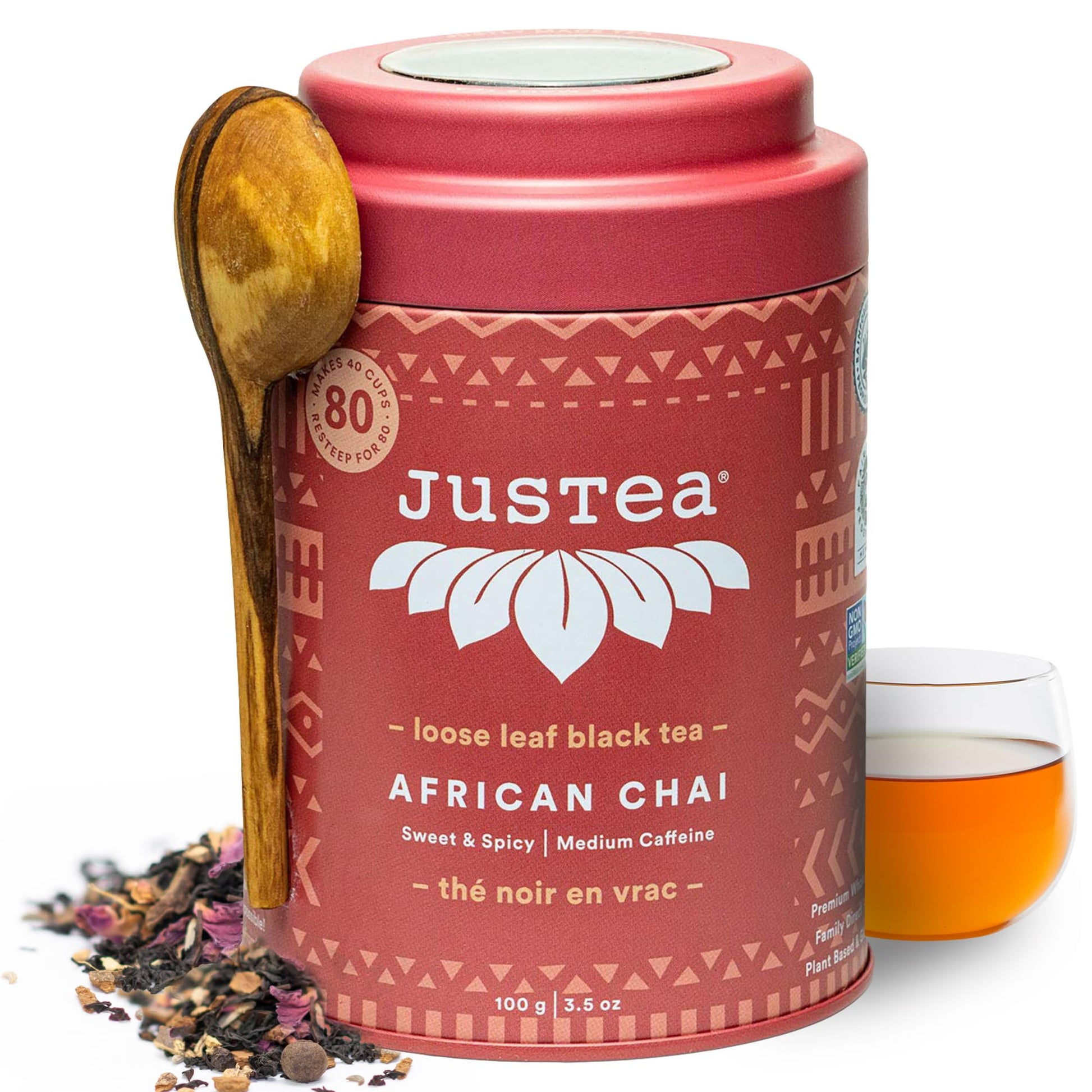 JusTea African Chai Loose Leaf Black Tea - 3.5oz Tin with Hand Carved Spoon, Medium Caffeine, Fair Trade, Non-GMO