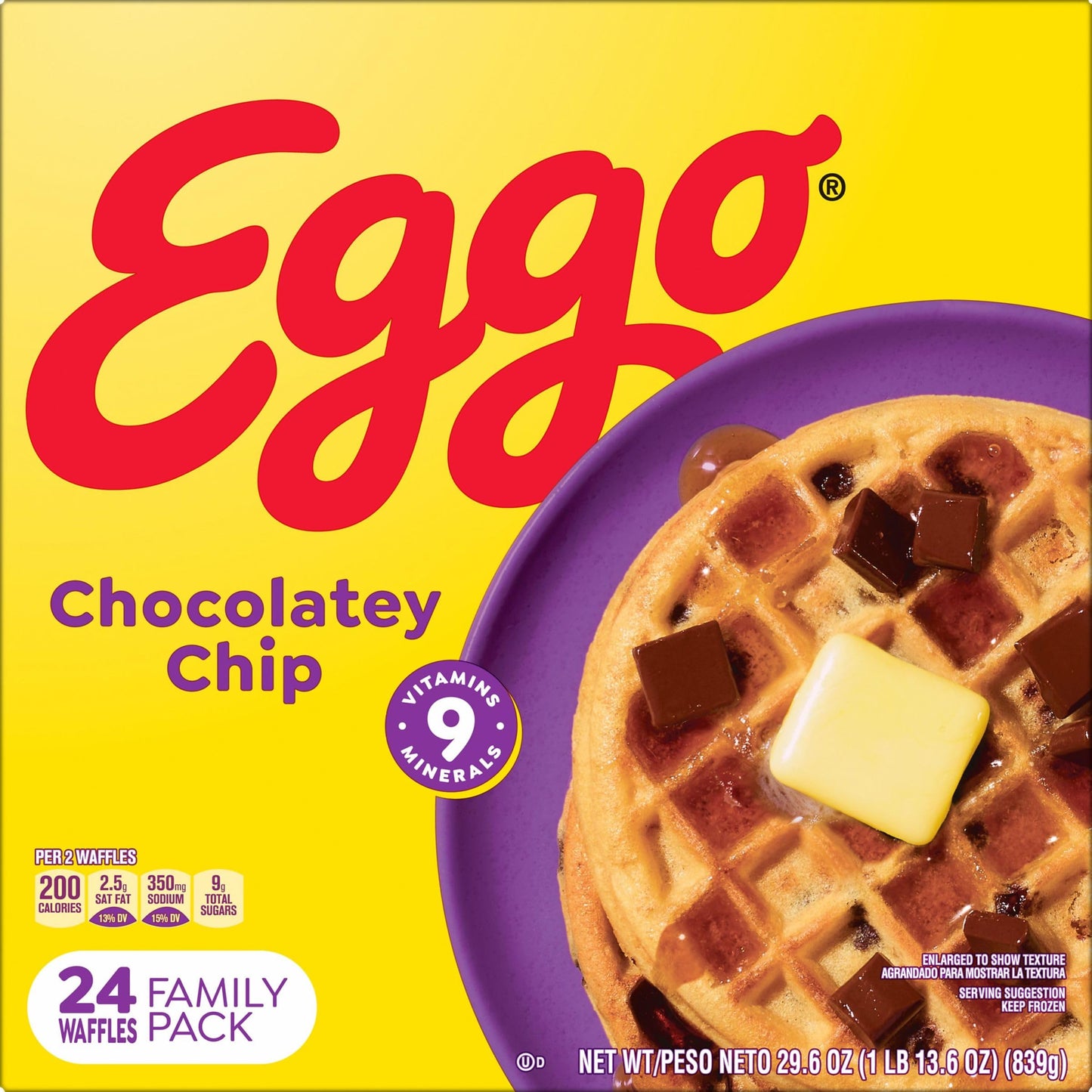 Eggo Frozen Waffles, Frozen Breakfast, Breakfast Food, Family Pack, Chocolatey Chip, 29.6oz Box (24 Waffles)